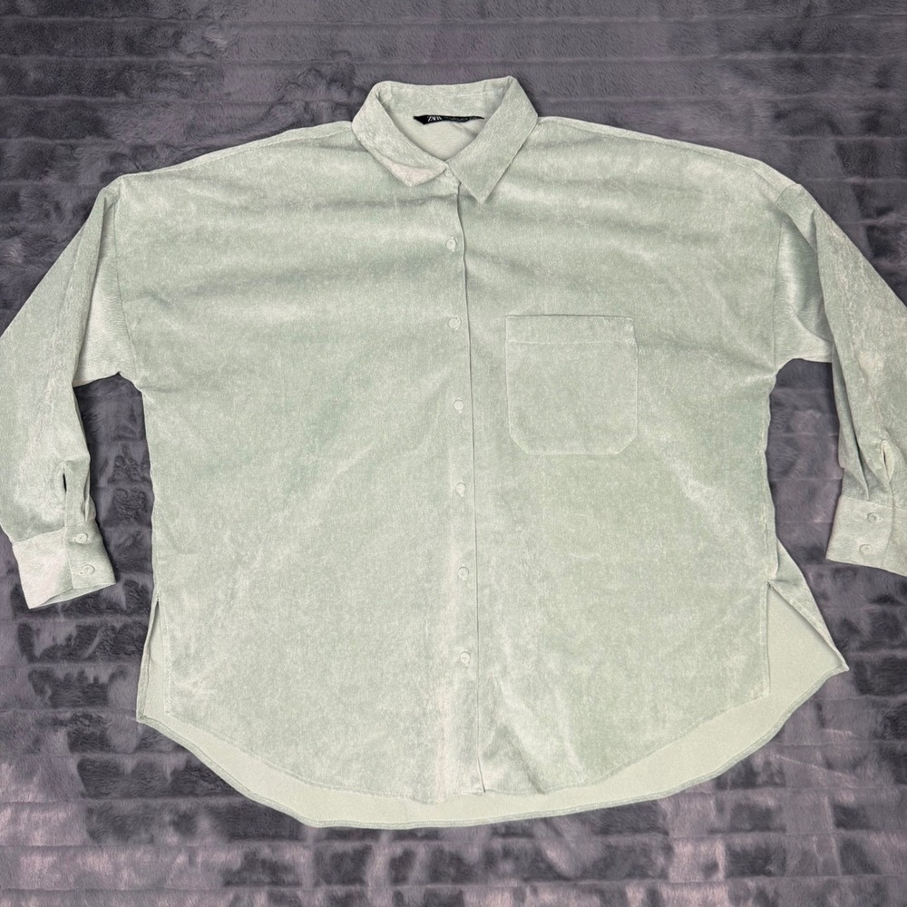 Zara Womens Large Sage Green Corduroy Oversized Button Down Shirt Shacket 6720
